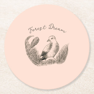 Vintage Garden Bird – Monochrome Elegant Floral Round Paper Coaster
