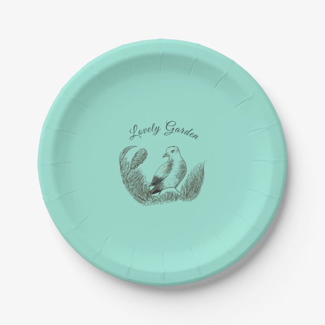 Vintage Garden Bird – Monochrome Floral Paper Plate (Front)
