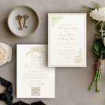 Vintage Garden Classic Details on Back Wedding Invitation<br><div class="desc">Announce your special day in timeless style with this elegant gold floral wedding invitation. Featuring delicate ornamental corner florals, refined script typography, and a classic formal layout, this invitation is perfect for romantic, garden, estate, and traditional weddings. The front includes: • Formal wedding ceremony wording • Elegant script names •...</div>