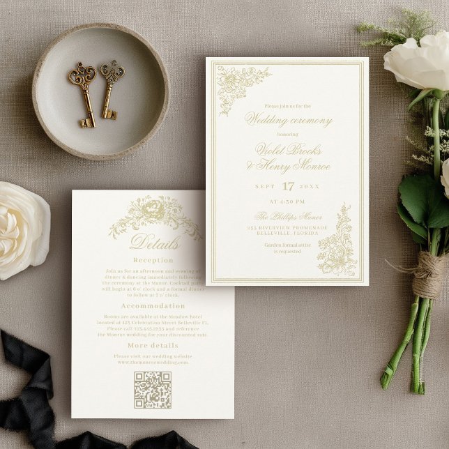 Vintage Garden Classic Details on Back Wedding Invitation (Elegant gold floral wedding invitation with romantic script typography and formal ceremony wording, )