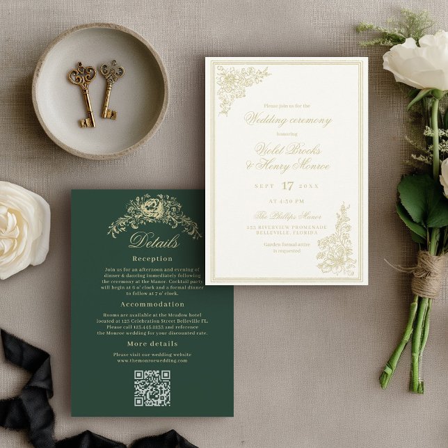 Vintage Garden Classic Details on Back Wedding Invitation (Elegant gold floral wedding invitation with romantic script typography and back details with QR code)