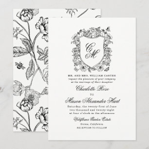 Vintage Garden Crest Black White Invitation