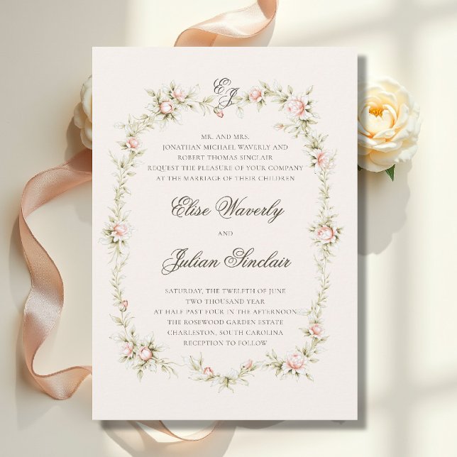 Vintage Garden Ethereal Blush Parents Host Wedding Invitation (vintage garden ethereal blush floral wedding invitation parents romantic regency jane austin castle)