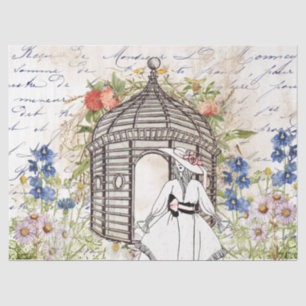 Vintage Garden Flower Gazebo Lady French Script  Tissue Paper