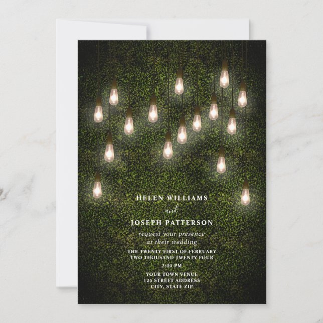 Vintage Garden Lightbulbs Boxwood Greenery Wedding Invitation (Front)