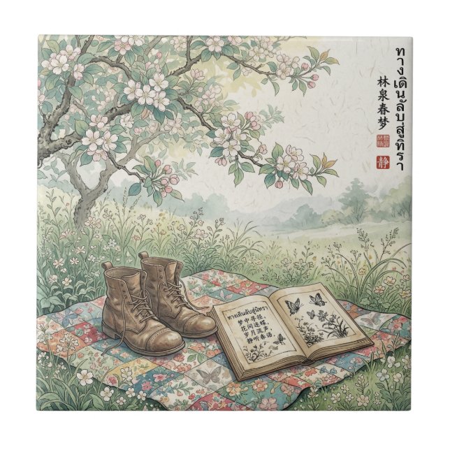 Vintage Garden Reading Picnic Art Tile (Front)