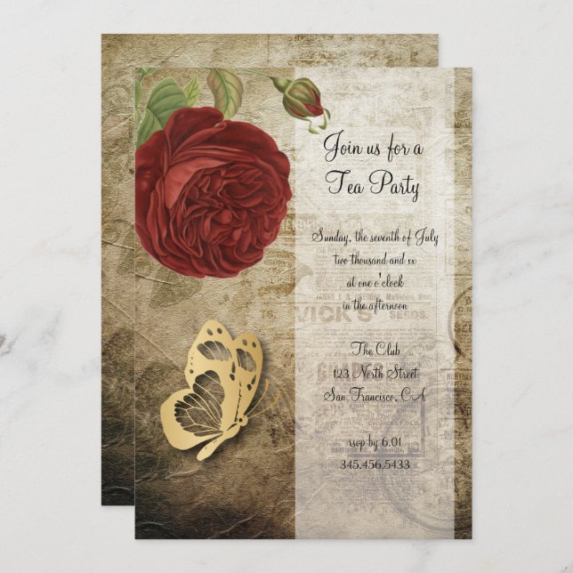 Vintage Garden Red Rose Party | Invitation (Front/Back)