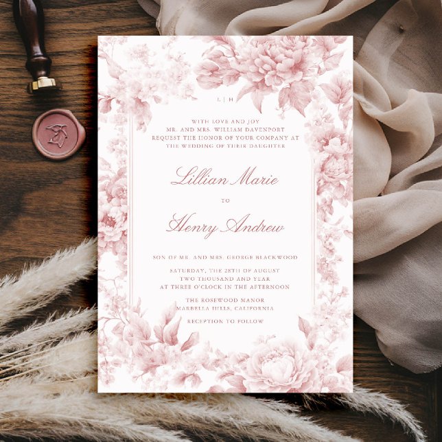Vintage Garden Romantic Pink Toile Classic Wedding Invitation (vintage garden wedding invitation pink toile french floral romantic old money formal traditional)