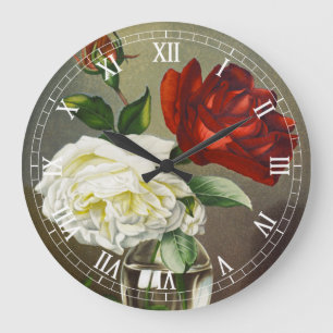 Vintage Garden Roses in a Glass Vase Large Clock