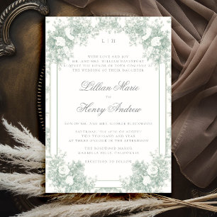 Vintage Garden Sage Green French Floral Wedding Invitation