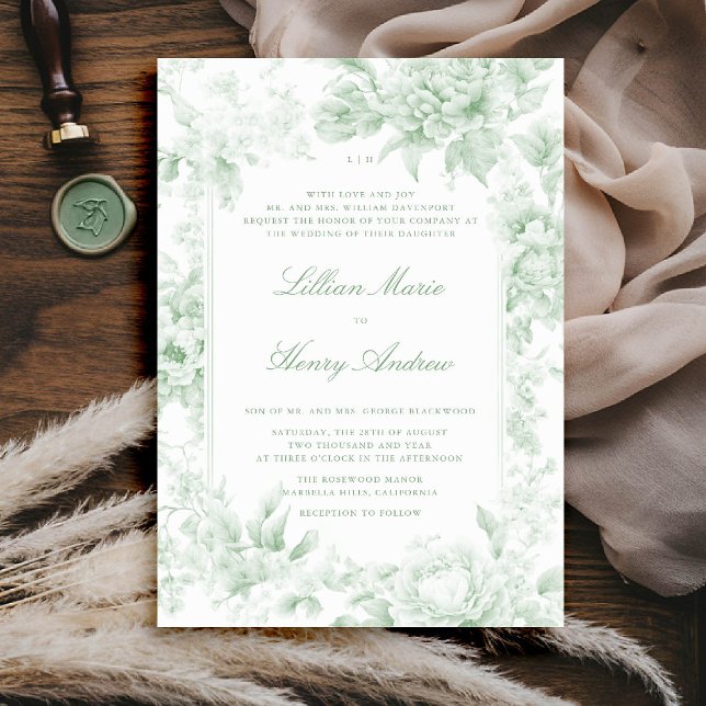 Vintage Garden Sage Green Toile Classic Wedding Invitation (vintage garden wedding invitation sage green toile french floral romantic old money formal tradition)