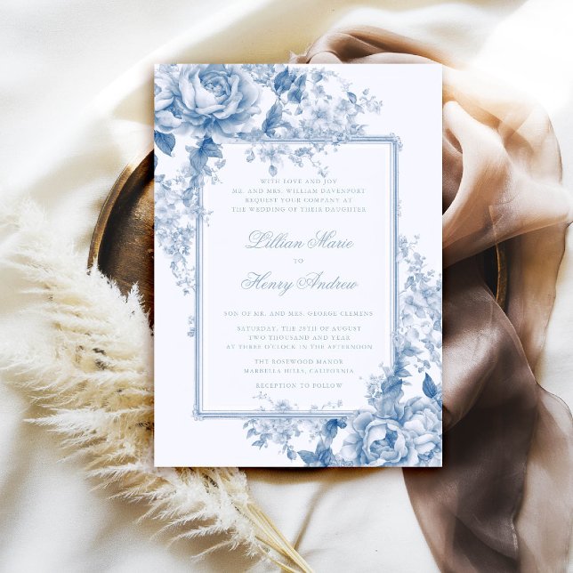 Vintage Garden Something Blue Toile Wedding Invitation (vintage garden wedding invitation chateau something blue toile floral old money formal classic)