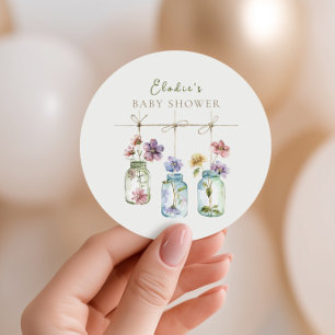 Vintage Garden Wildflower Glass Jar Baby Shower Classic Round Sticker