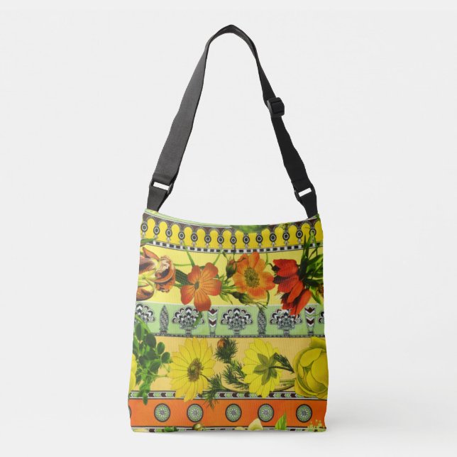 Vintage Garden Yellow Floral Botanical Crossbody Bag (Front)