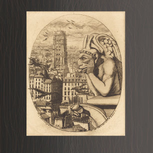 Vintage gargoyle looking over city poster