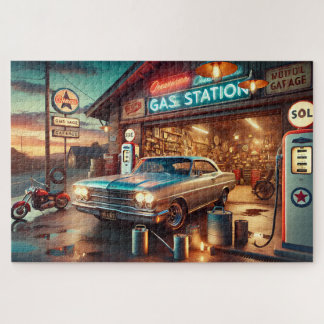 Vintage Gas Station Classic Car Jigsaw Puzzle