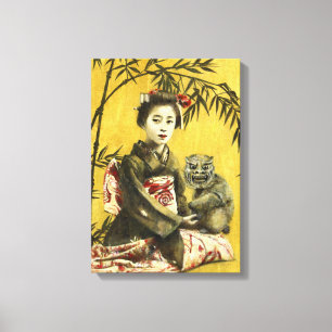Vintage Geisha And Bamboo Design Canvas Print