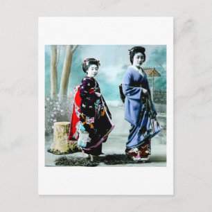 Vintage Geisha and Her Maiko 芸者 舞妓 Old Japan Postcard