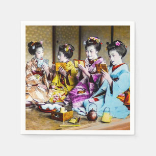 Vintage Geisha Checking Their Makeup at Tea Japan Napkin