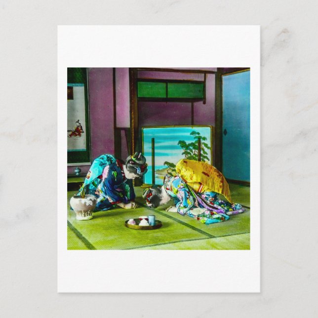 Vintage Geisha Greetings Over Tea Old Japan Postcard (Front)