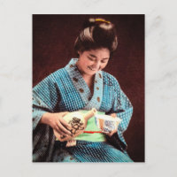 Vintage Geisha Imbibing in a Cup of Sake old Japan