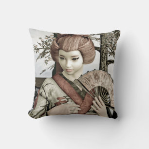 Vintage Geisha Kimono Fan Illustration Cushion