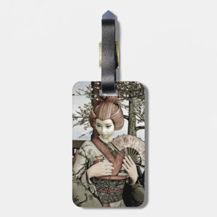 Vintage Geisha Kimono Fan Illustration Luggage Tag