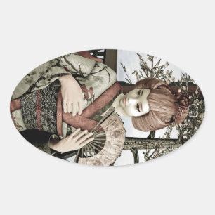 Vintage Geisha Kimono Fan Illustration Oval Sticker