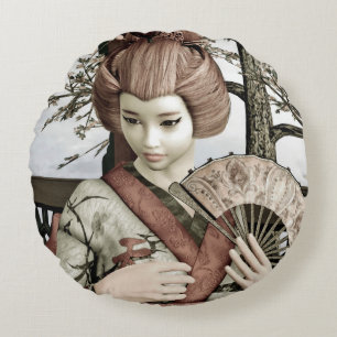 Vintage Geisha Kimono Fan Illustration Round Cushion