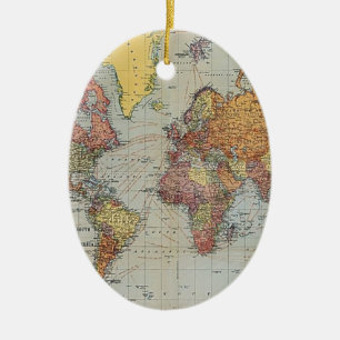 Vintage General Map of the World Ceramic Tree Decoration
