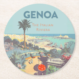 Vintage Genoa Italian Riviera Travel Poster 1931  Round Paper Coaster
