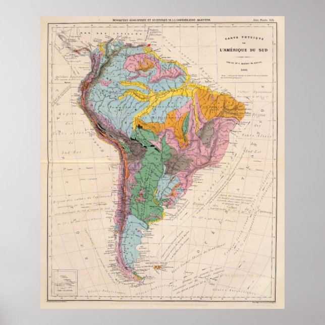 Vintage Geological Map of South America (1873) Poster (Front)