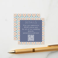 Vintage Geometric Blue Orange Wedding QR Code 