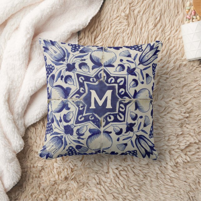 Vintage Geometric Blue White Tile Monogrammed Cushion (Blanket)