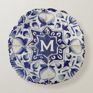 Vintage Geometric Blue White Tile Monogrammed  Round Cushion