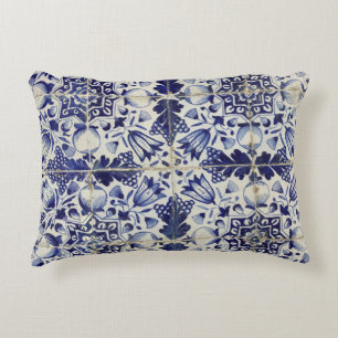 Vintage Geometric Blue White Tile Pattern Decorative Cushion
