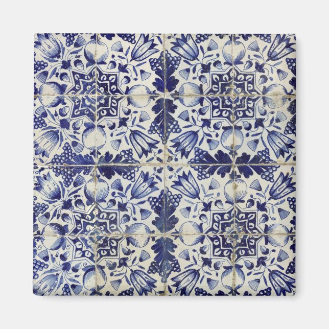 Vintage Geometric Blue White Tile Pattern Magnet (Front)