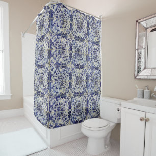 Vintage Geometric Blue White Tile Pattern  Shower Curtain