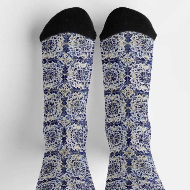 Vintage Geometric Blue White Tile Pattern Socks (Top)