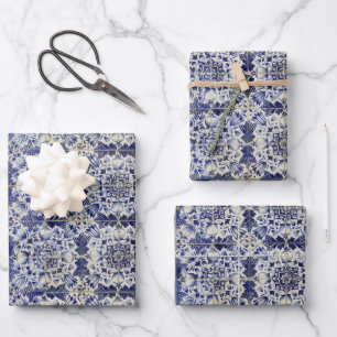 Vintage Geometric Blue White Tile Pattern  Wrapping Paper Sheet