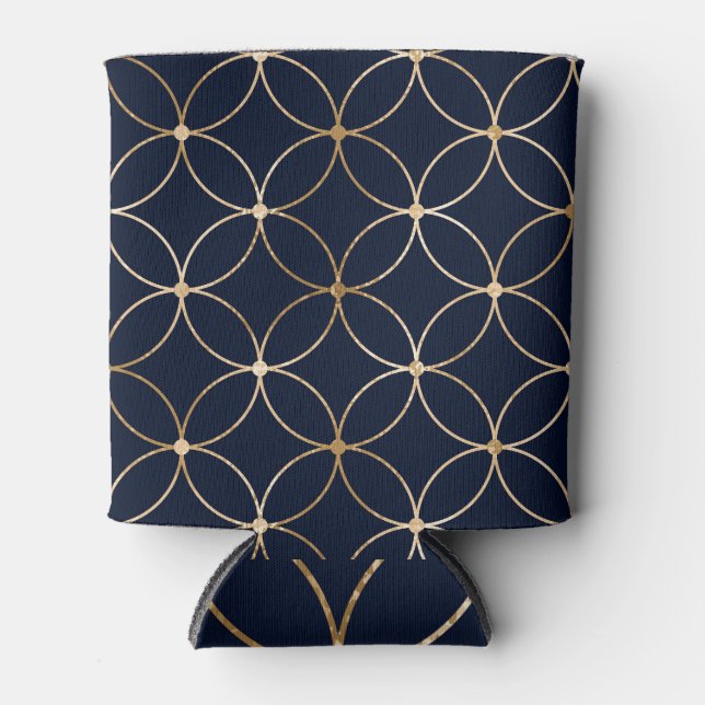 Vintage Geometric: Gold Blue Abstract Can Cooler (Front)