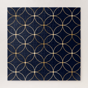 Vintage Geometric: Gold Blue Abstract Jigsaw Puzzle