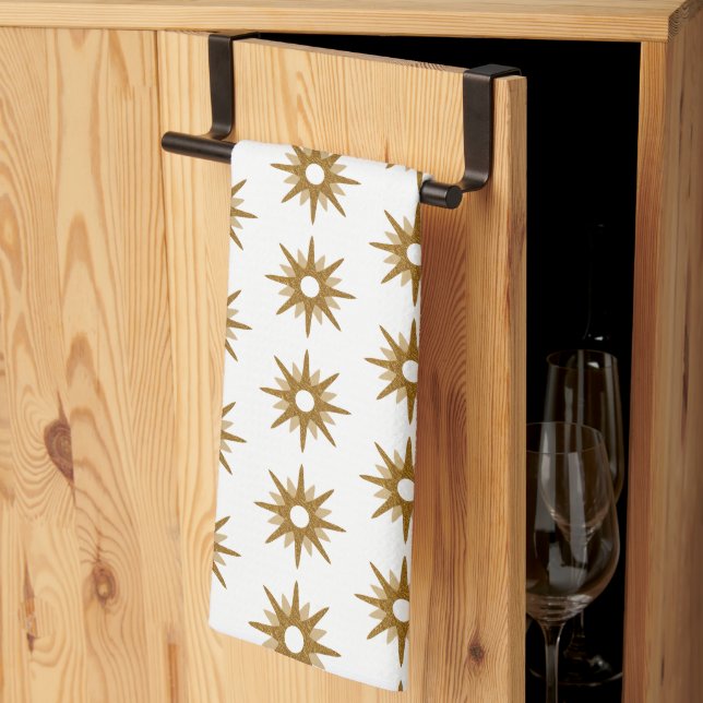 Vintage Geometric Gold Starburst Stripe Pattern Tea Towel (Thirds Fold)