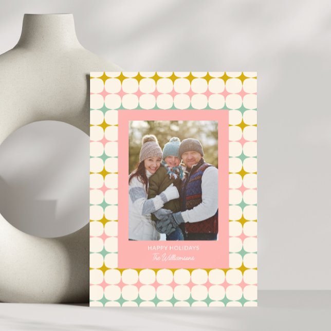 Vintage Geometric Pastel Stars Pink Family Photo Holiday Card (Creator Uploaded)