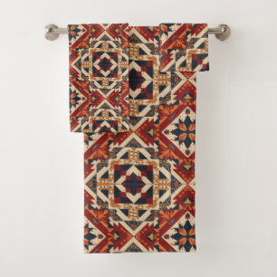 vintage Geometric Quilt Block Art Pattern Bath Towel Set