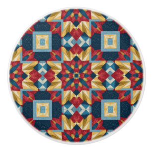 vintage Geometric Quilt Block Art Pattern Ceramic Knob