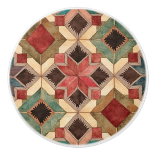 vintage Geometric Quilt Block Art Pattern Ceramic Knob