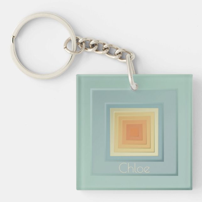 Vintage Geometric Squares (light blue & yellow) Key Ring (Front)