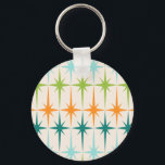 Vintage Geometric Starbursts Button Keychain<br><div class="desc">Vintage. Geometrics. Starbursts. If you love any of those words, this retro Vintage Geometric Starbursts Button Keychain is for you. This mid century modern design features a cream background with rows of turquoise, lime green, orange, and teal starbursts. This mod design pairs beautifully with Strange Little Onion’s Retro Atomic Mobile...</div>