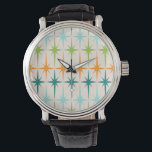Vintage Geometric Starbursts Watch<br><div class="desc">Vintage. Geometrics. Starbursts. If you love any of those words, this retro Vintage Geometric Starbursts Watch is for you. This mid century modern design features a cream background with rows of turquoise, lime green, orange, and teal starbursts. This mod design pairs beautifully with Strange Little Onion’s Retro Atomic Mobile Pattern...</div>